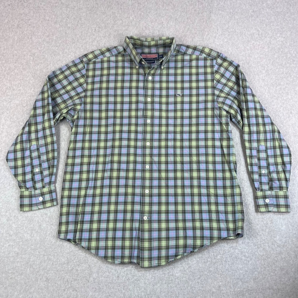 Vineyard Vines The Whale Shirt Mens Medium Plaid Green Blue Plaid Button Down